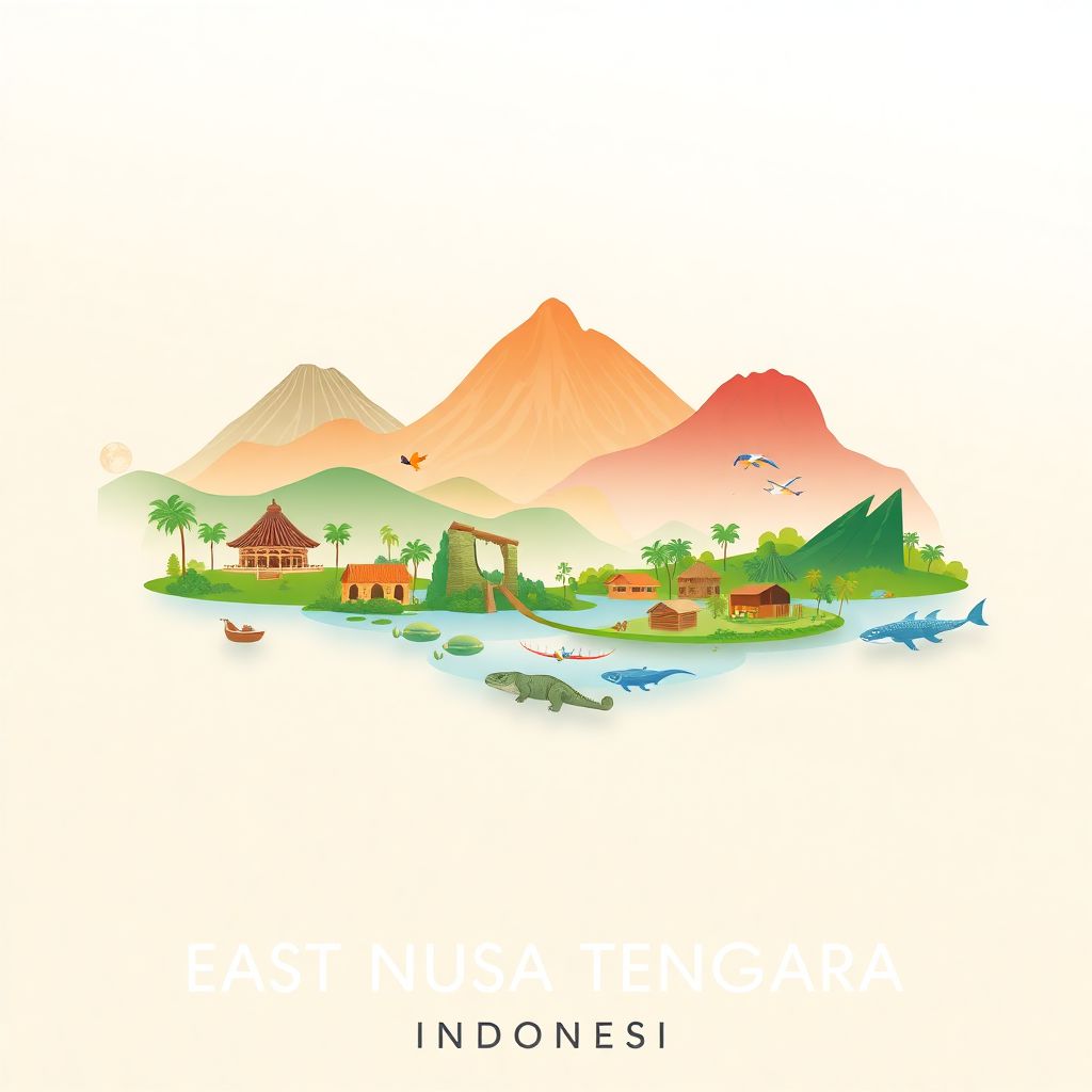 Ultra-high-definition gradient illustration style East Nusa Tenggara illustration, showing the unique charm of Kelimutu National Park, Komodo National Park, and traditional villages.