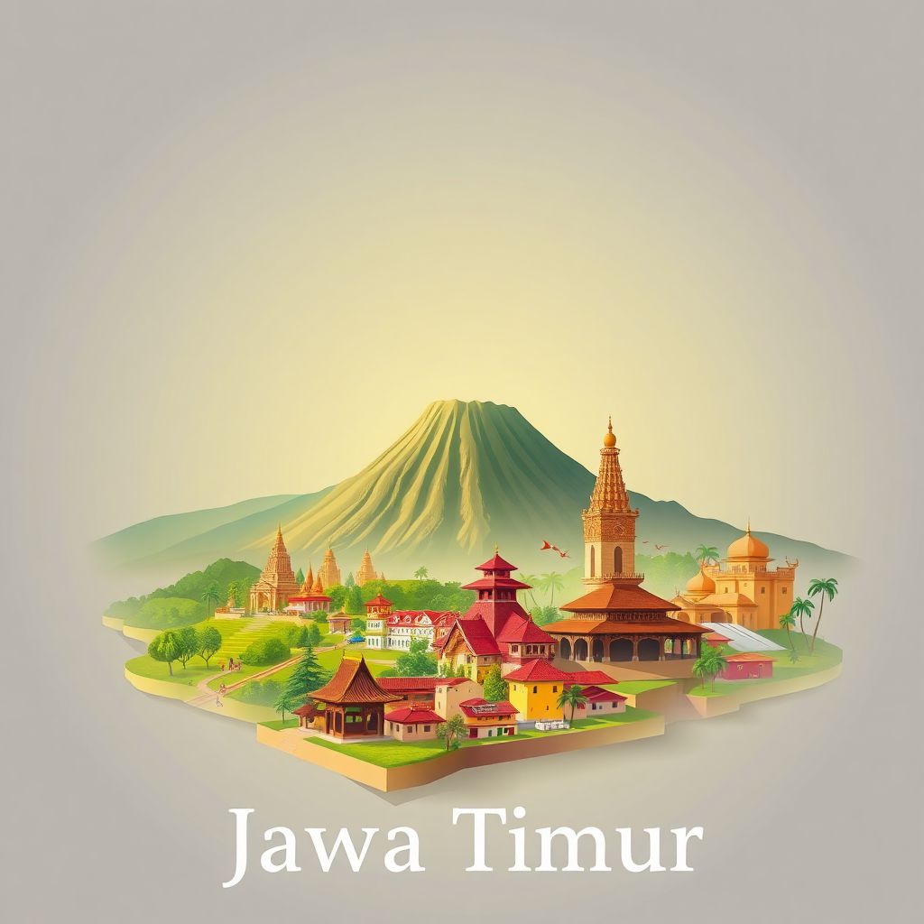 Ultra-high-definition gradient illustration of Jawa Timur, East Java, Indonesia, featuring Mount Bromo, Malang's villages, and Majapahit Temple.