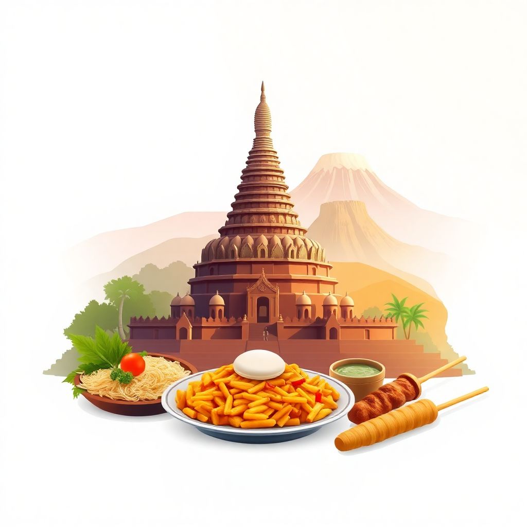 Ultra-high-definition gradient illustration style Indonesian illustration, featuring Borobudur Temple and Prambanan Temple
