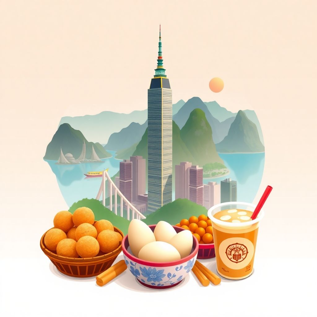 Ultra-high-definition gradient illustration style Taiwanese illustration, featuring Taipei 101 and Taroko Gorge
