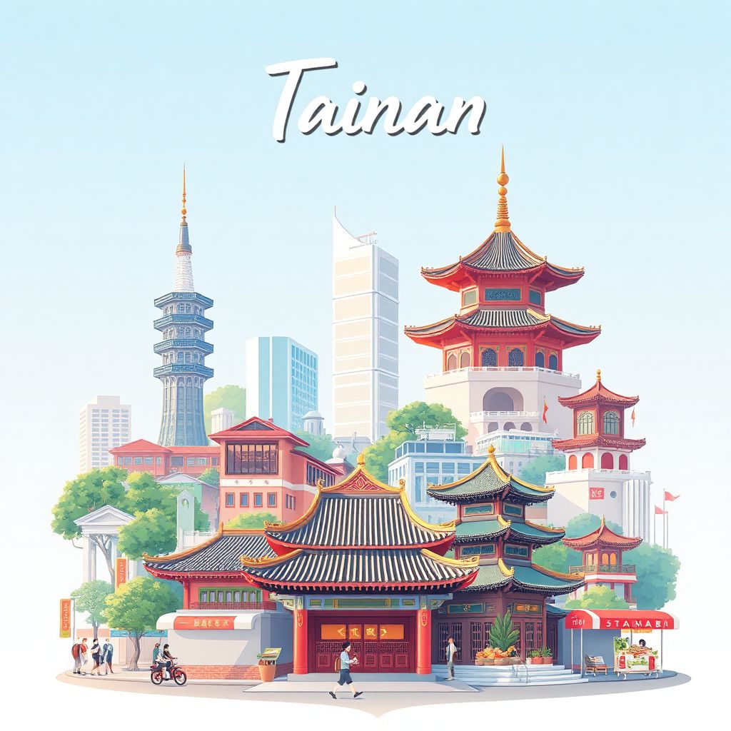 Ultra-high-definition gradient illustration style Tainan illustration, showing the unique charm of the Chihkan Tower, the Anping Tree House, the Confucius Temple, and street food.