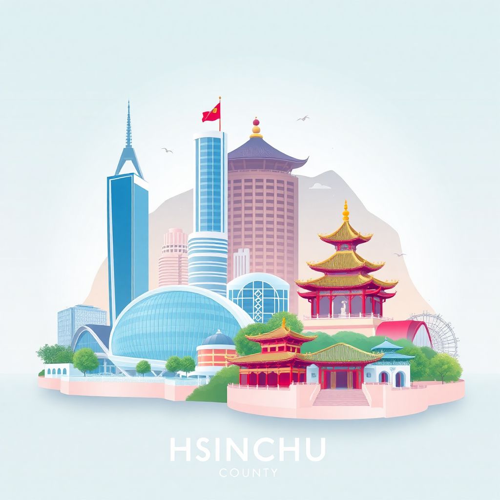 Ultra-high-definition gradient illustration style Hsinchu County illustration, showing the unique charm of the Hsinchu Biomedical Science Park, the Hsinchu Cultural Center, and the Hsinchu City God Temple.