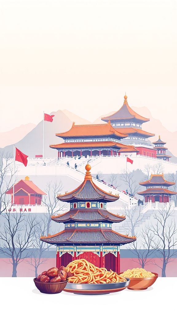 Ultra-high-definition gradient illustration style Beijing illustration, featuring the Forbidden City, the Great Wall, the Temple of Heaven, and Peking duck.