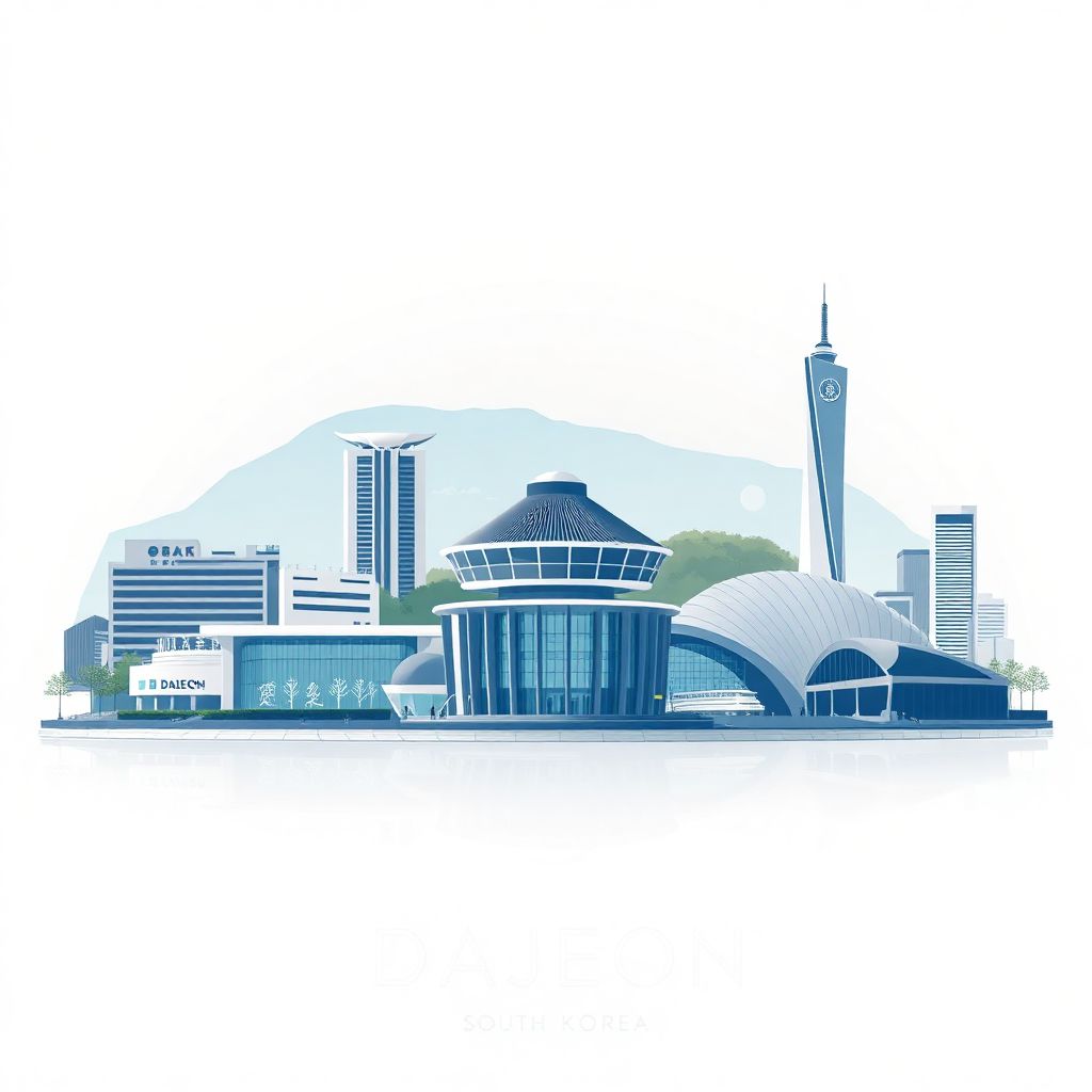 Ultra-high-definition gradient illustration style of Daejeon, South Korea, featuring the Daejeon Government Complex and Daejeon Museum of Art.