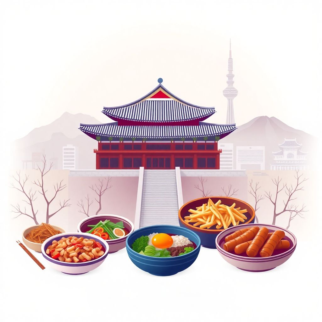 Ultra-high-definition gradient illustration style South Korean illustration, showcasing Gyeongbokgung Palace and N Seoul Tower