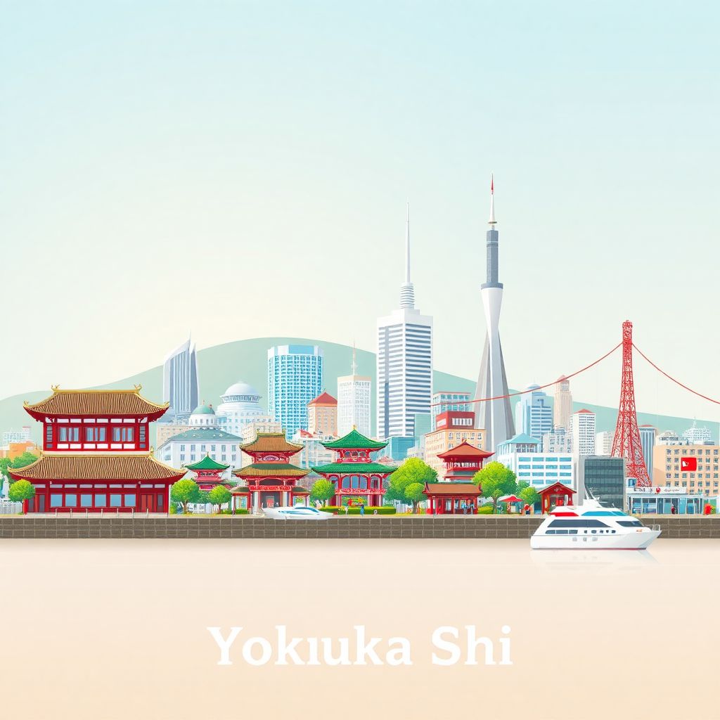 Ultra-high-definition gradient illustration style Yokosuka Shi illustration, showing the unique charm of the Yokosuka Chinatown, the Mikasa Park, and the Sarushima Island.