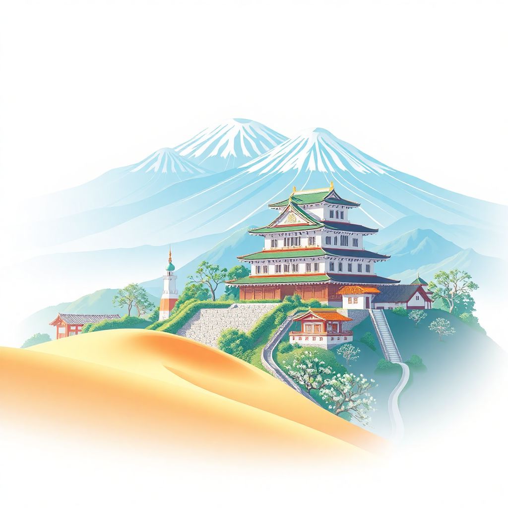 Ultra-high-definition gradient illustration style Yazu-gun, Tottori, Japan artwork, featuring Tottori Sand Dunes, Tottori Castle, and Mount Daisen.