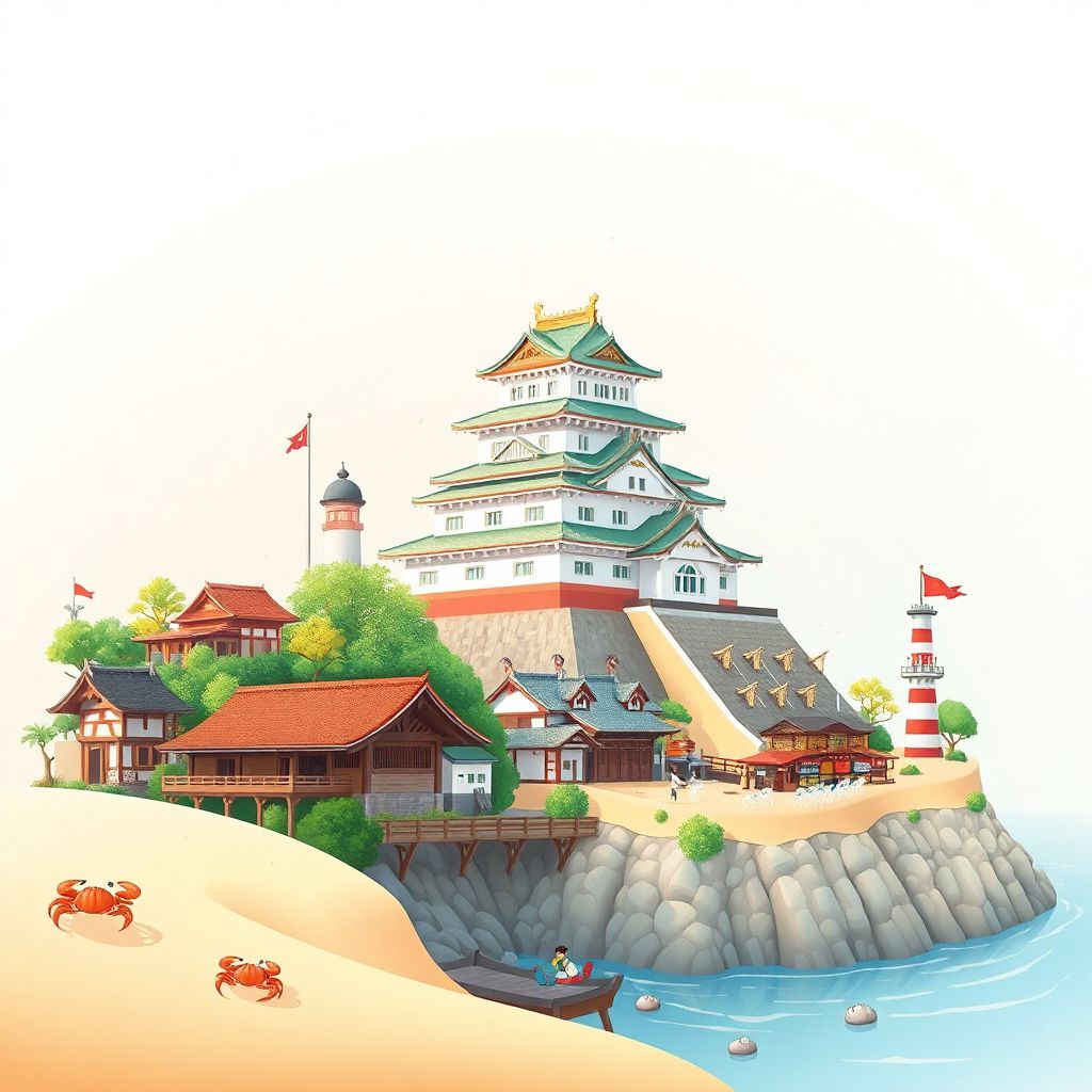 Ultra-high-definition gradient illustration style Tottori Shi illustration, showing the unique charm of Tottori Sand Dunes, Tottori Castle, and Tottori crab cuisine.