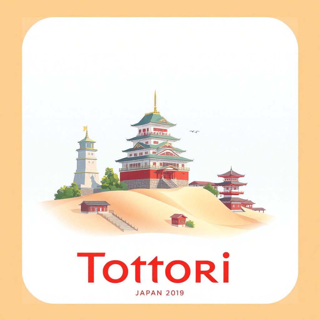 Ultra-high-definition gradient illustration style Tottori illustration, showing the unique charm of Tottori Sand Dunes, Tottori Castle, and Jinpukaku.