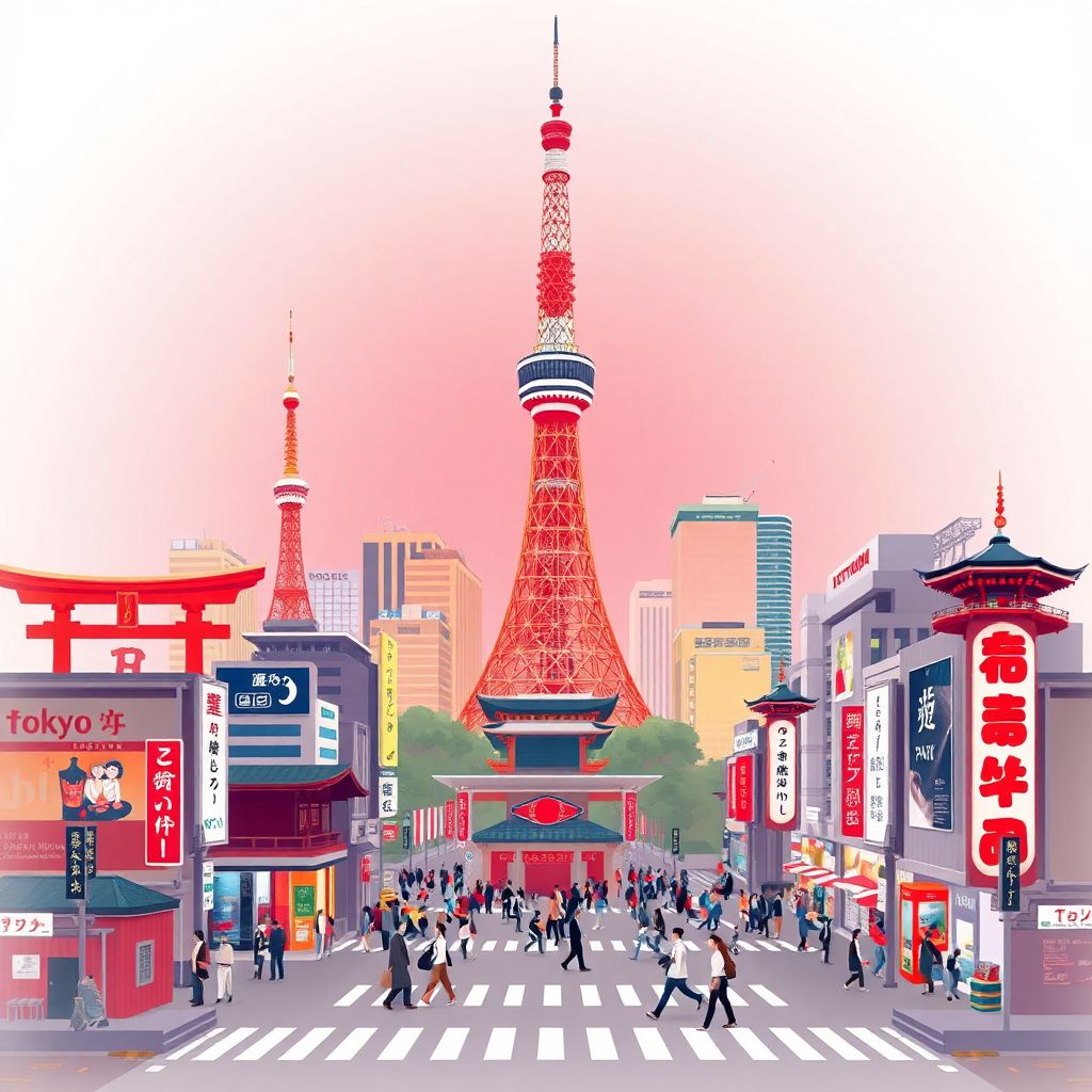Ultra-high-definition gradient illustration style Tokyo illustration, showing the unique charm of the Tokyo Tower, the Meiji Shrine, and Shibuya Crossing.