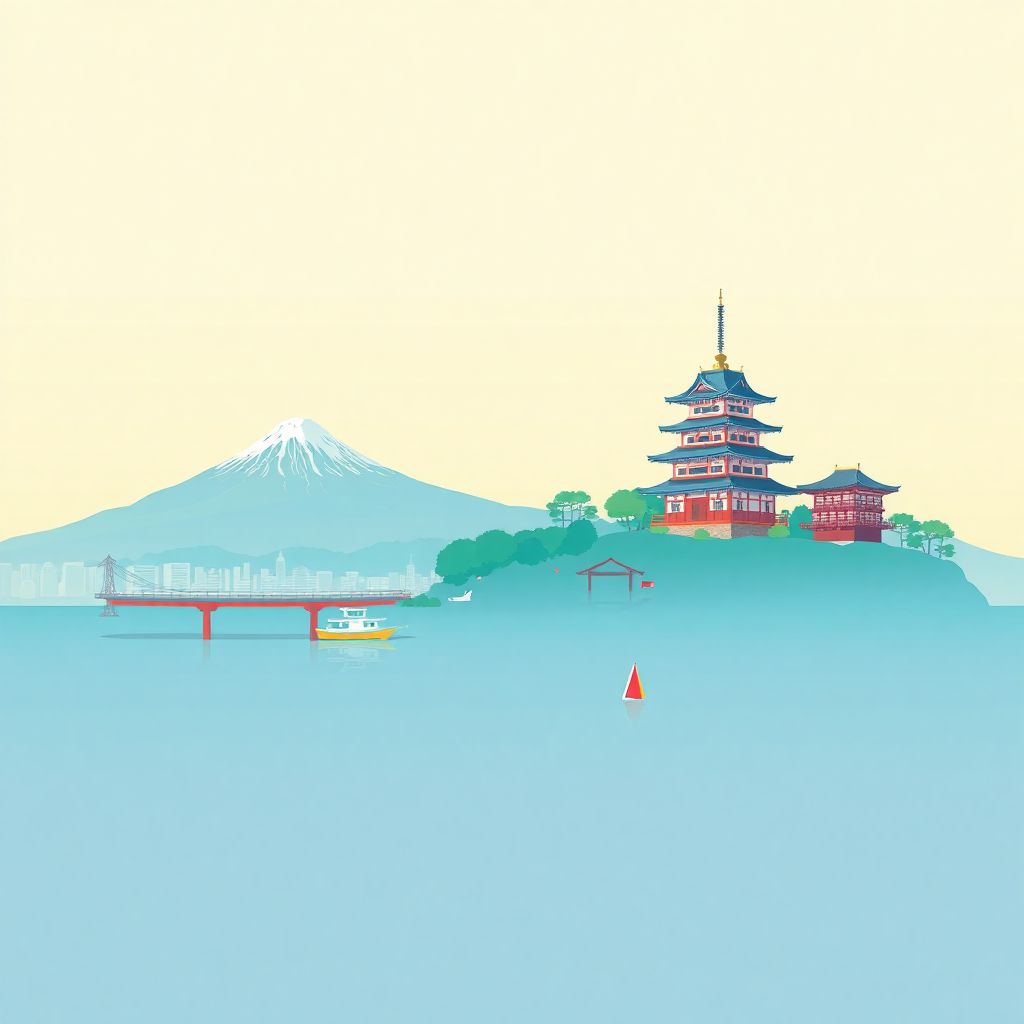 Ultra-high-definition gradient illustration style Shizuoka illustration, showing the unique charm of Mt. Fuji, Sunpu Castle, and Nihondaira.