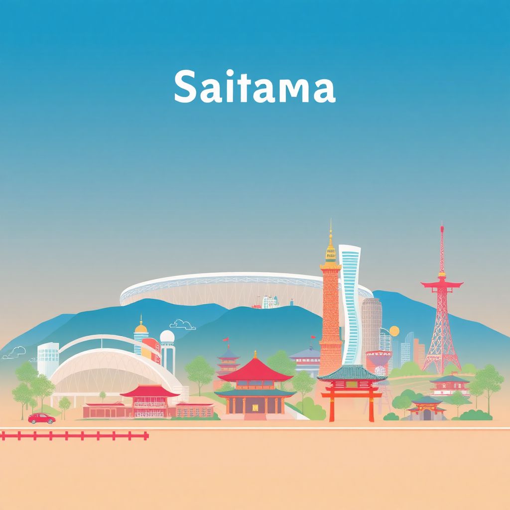 Ultra-high-definition gradient illustration of Saitama, Japan, featuring the Saitama Super Arena, Railway Museum, Hikawa Shrine, and ramen noodles.