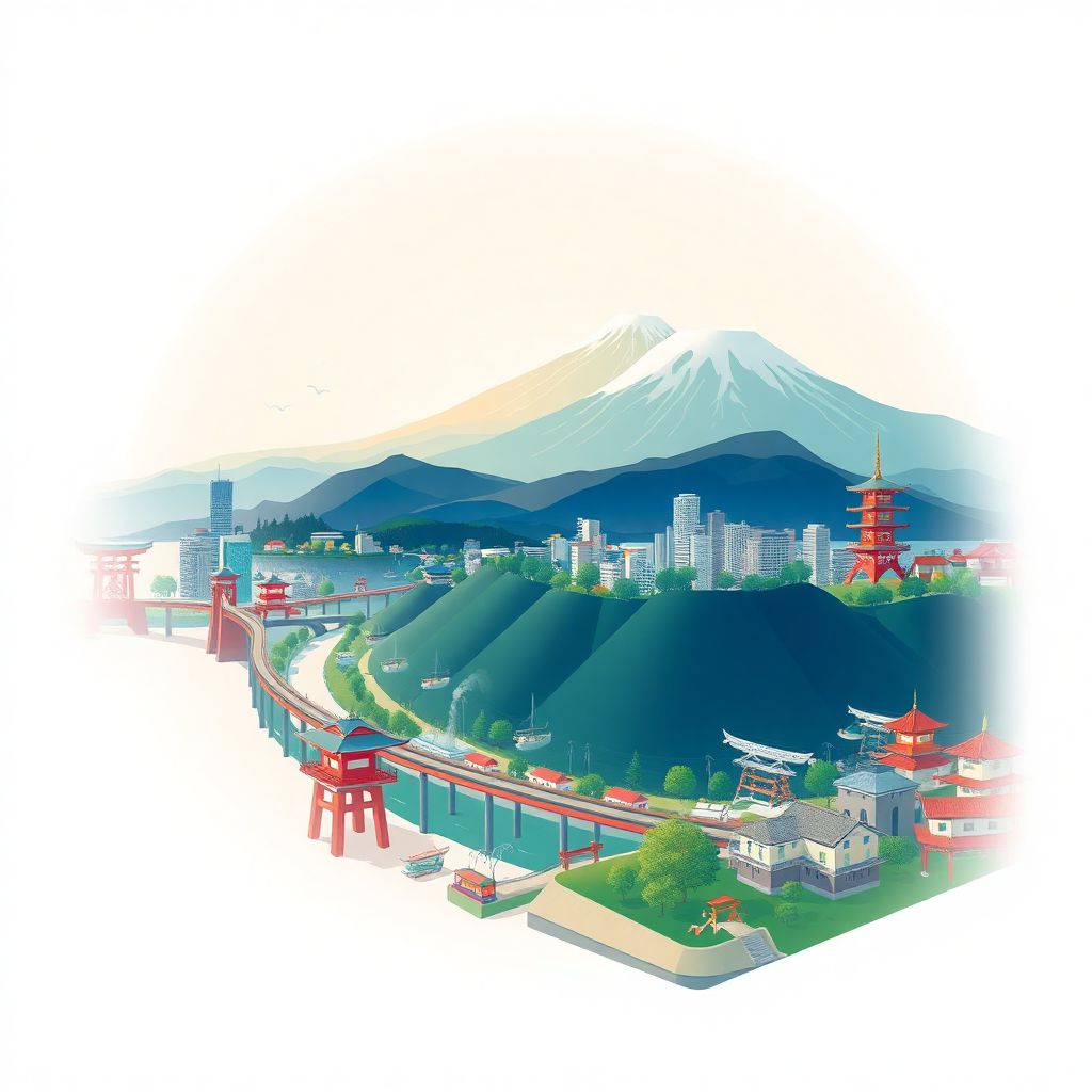 Ultra-high-definition gradient illustration style Sagamihara-shi illustration, showing the unique charm of the Sagami River and the Tanzawa Mountains.