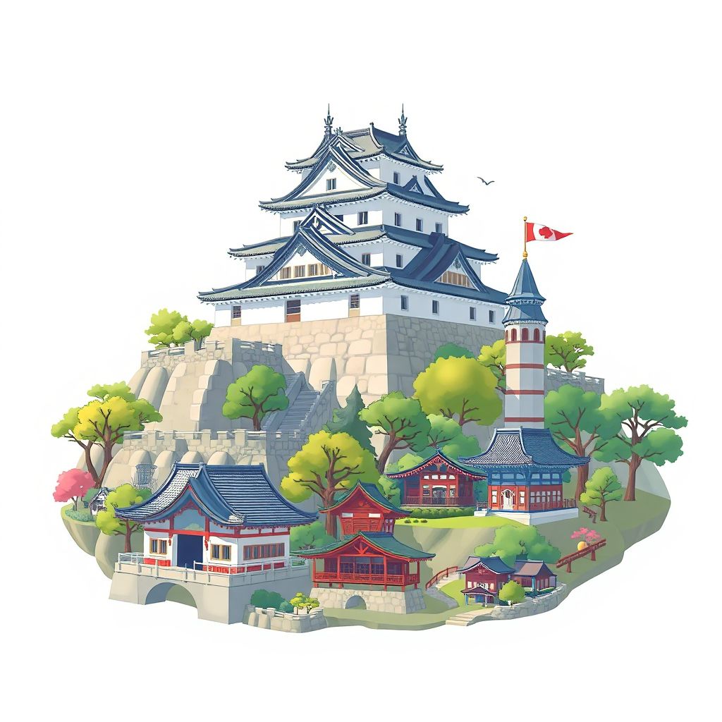 Ultra-high-definition gradient illustration style Ota-shi illustration, featuring the Ota Castle Ruins, the Ota City Zoo, and the Ota City Folk Museum.