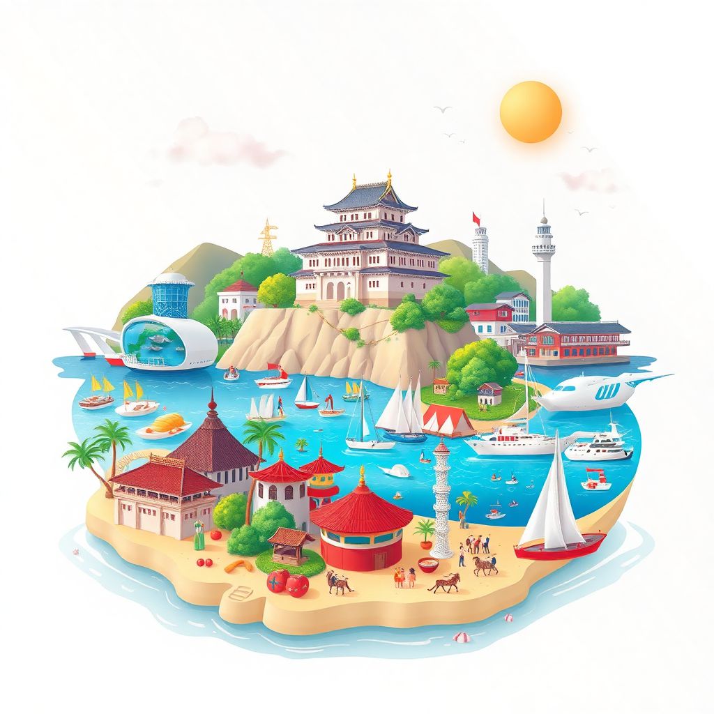 Ultra-high-definition gradient illustration style Okinawa illustration, showcasing Shuri Castle, the Churaumi Aquarium, and beautiful beaches.