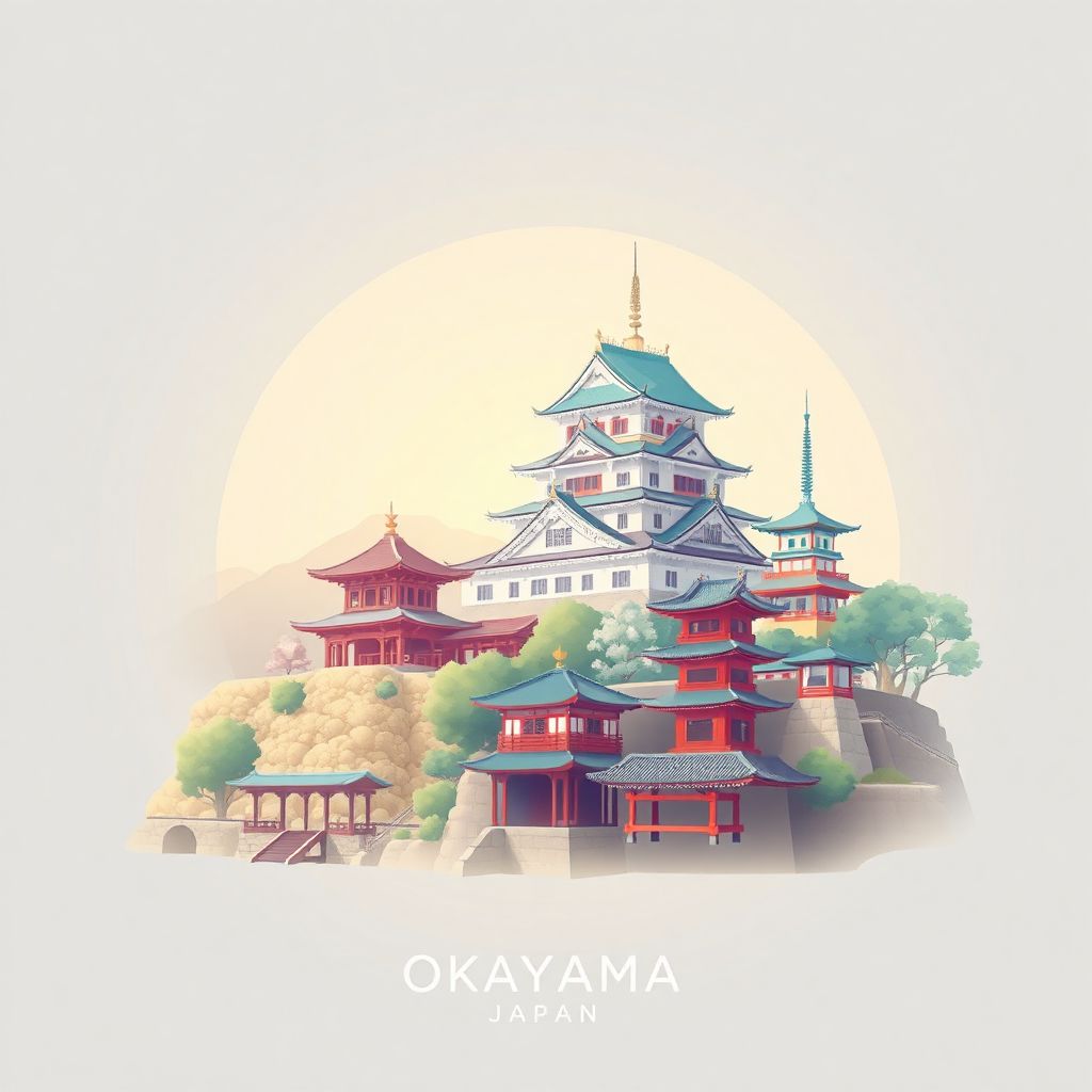 Ultra-high-definition gradient illustration style Okayama illustration, showing the unique charm of Okayama Castle, Okayama Korakuen Garden, and Kibitsu Shrine.
