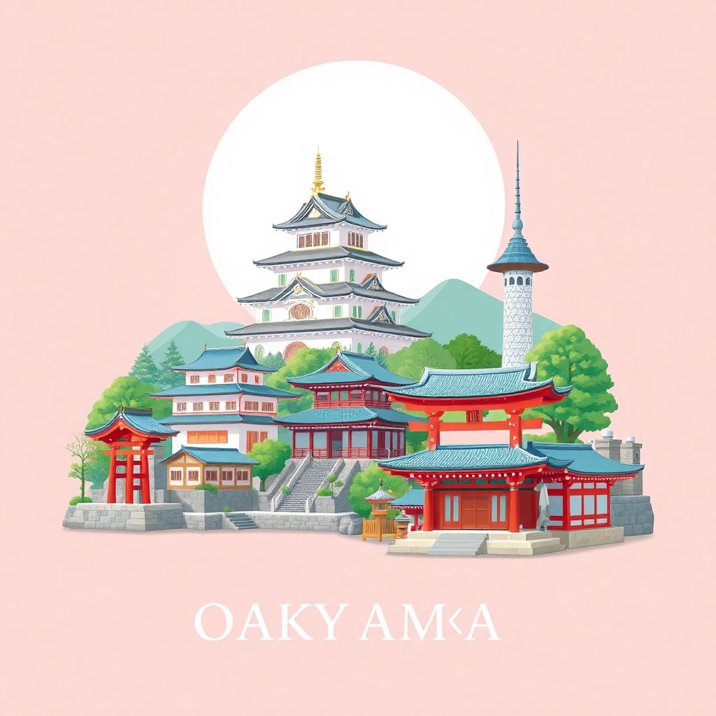 Ultra-high-definition gradient illustration style Okayama illustration, showing the unique charm of Okayama Castle, Korakuen Garden, and the Saijo Inari Shrine.