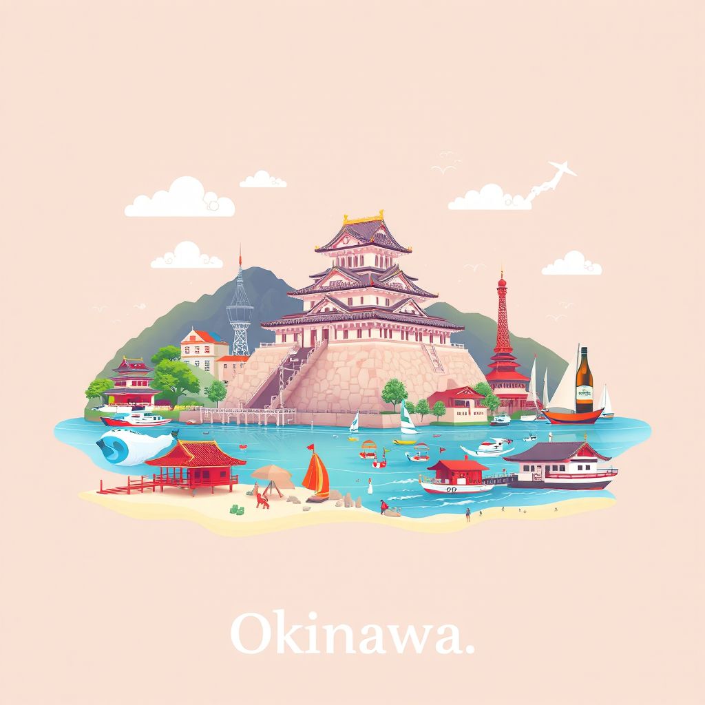 Ultra-high-definition gradient illustration style artwork of Okinawa, Japan, featuring Shuri Castle, Okinawa Churaumi Aquarium, and the beaches of Nakagami-gun.