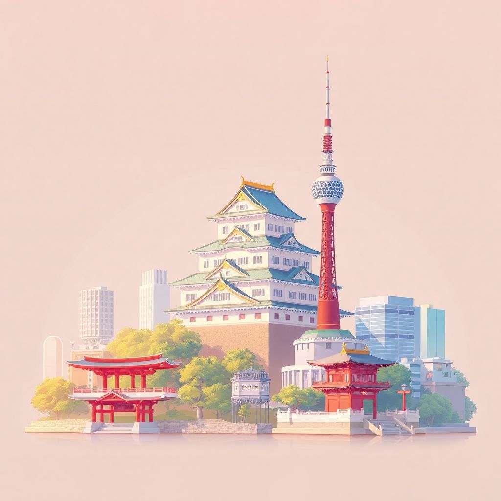 Ultra-high-definition gradient illustration style Nagoya-shi illustration, showing the unique charm of Nagoya Castle, the Atsuta Shrine, and the Nagoya TV Tower.
