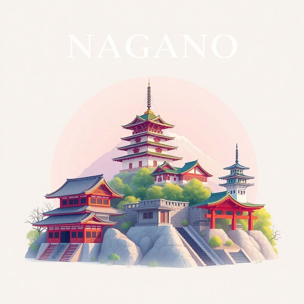 Ultra-high-definition gradient illustration style Nagano illustration, showing the unique charm of the Zenko-ji Temple, the Matsushiro Castle Ruins, and the Togakushi Shrine.