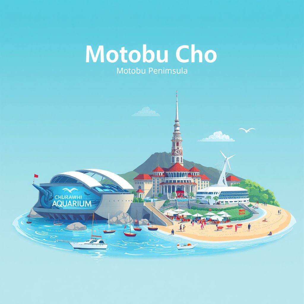 Ultra-high-definition gradient illustration style Motobu Cho illustration, showing the unique charm of the Okinawa Churaumi Aquarium and the beautiful beaches of Motobu Peninsula.