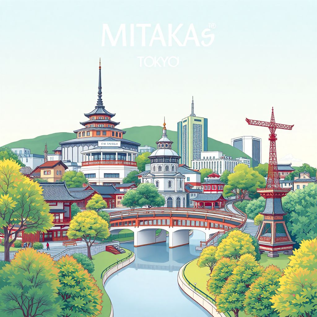 Ultra-high-definition gradient illustration style Mitaka-shi illustration, showing the unique charm of the Ghibli Museum and Inokashira Park.