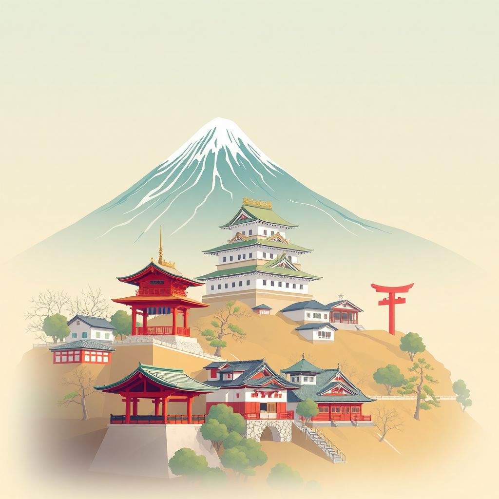 Ultra-high-definition gradient illustration style Maebashi Shi illustration, showing the unique charm of Mount Akagi, Maebashi Castle, and the Akagi Shrine.