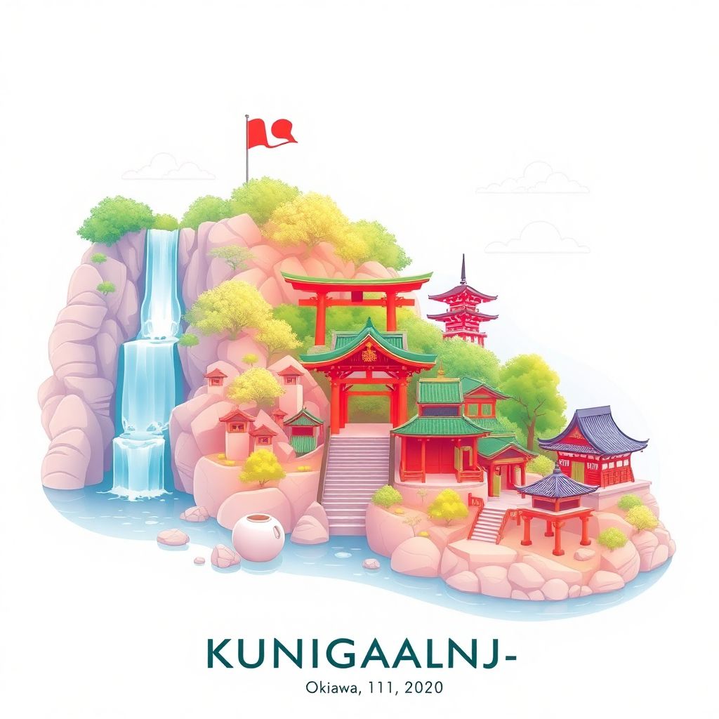 Ultra-high-definition gradient illustration of Kunigami-gun, Okinawa, Japan, featuring Hiji Waterfall, Daisekirinzan park, and Goya Champuru.