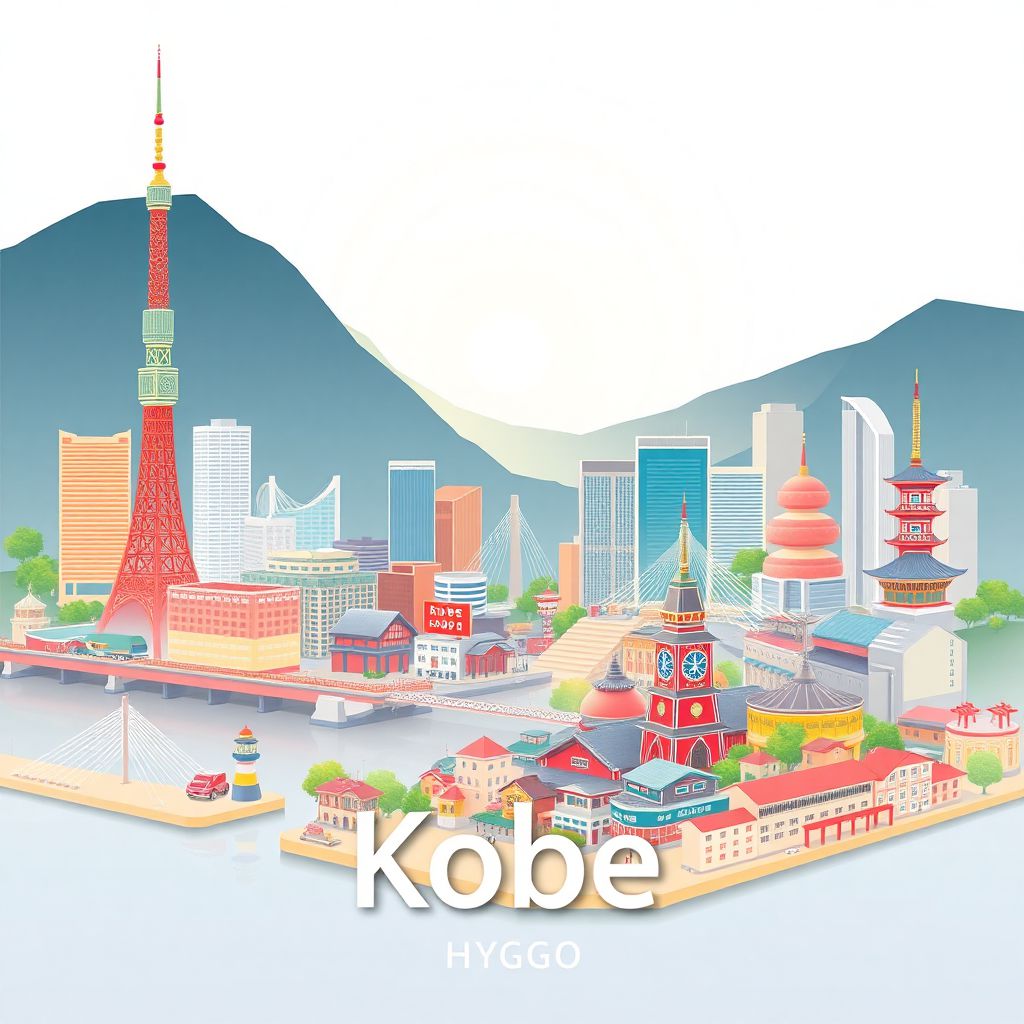 Ultra-high-definition gradient illustration of Kobe, featuring the Kobe Port Tower, Akashi Kaikyo Bridge, Arima Onsen, and Kobe beef.