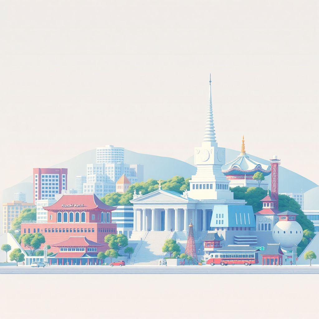 Ultra-high-definition gradient illustration of Kawasaki, Kanagawa, Japan, featuring the Kawasaki Toda Memorial Hall and Kawasaki Marien.