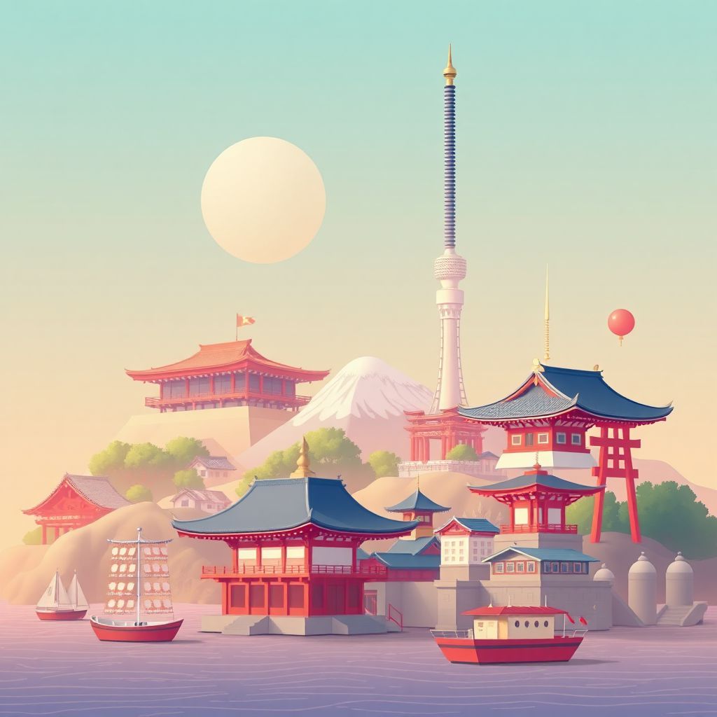 Ultra-high-definition gradient illustration of Kanagawa, Japan, featuring the Great Buddha of Kamakura, Enoshima Sea Candle, and traditional Japanese culture.