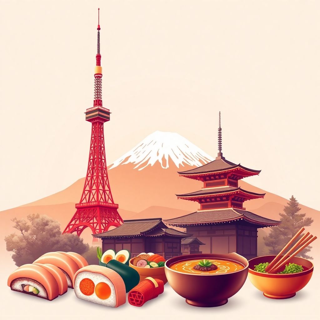 Ultra-high-definition gradient illustration style Japanese illustration, featuring the Tokyo Tower, Mount Fuji, and traditional sushi
