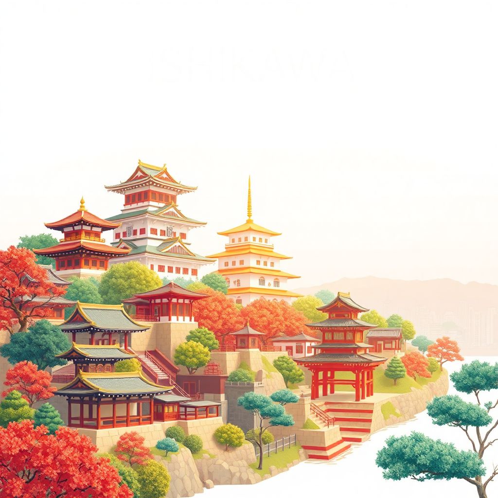 Ultra-high-definition gradient illustration of Ishikawa, Japan, featuring Kenrokuen Garden, Kanazawa Castle, and traditional cultural elements.