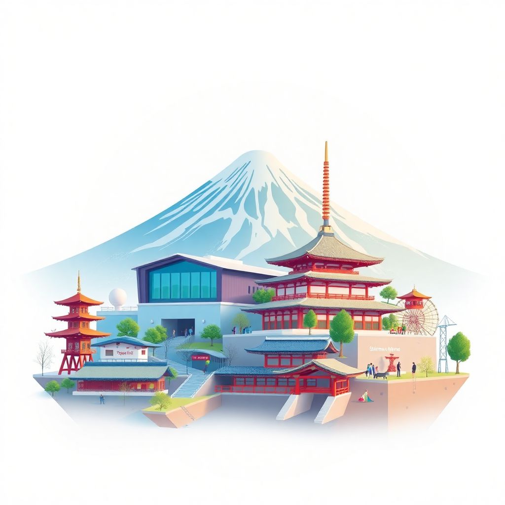 Ultra-high-definition gradient illustration style Iida Shi illustration, showing the unique charm of Shimoina Art Museum and Mt. Ina.