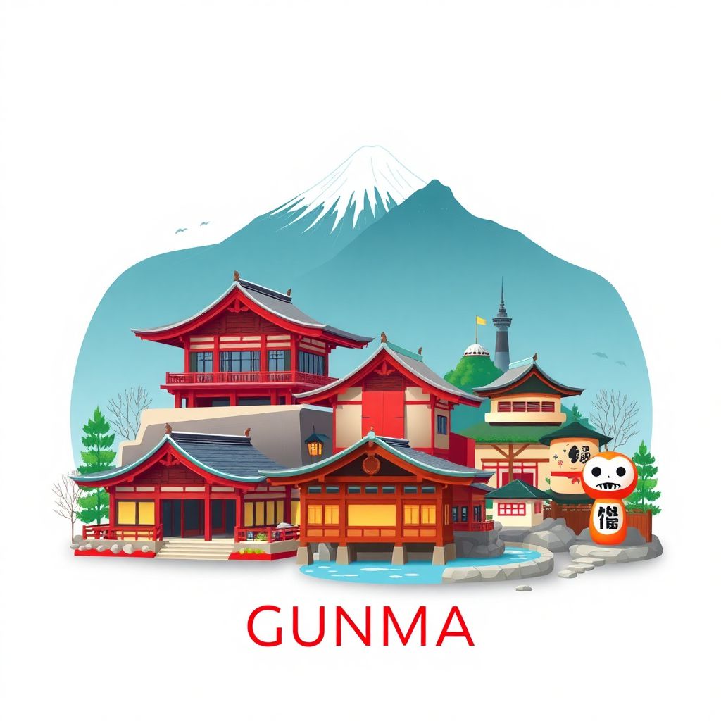 Ultra-high-definition gradient illustration style Gunma illustration, showing the unique charm of the Kusatsu Onsen, the Ikaho Onsen, and the Daruma dolls.