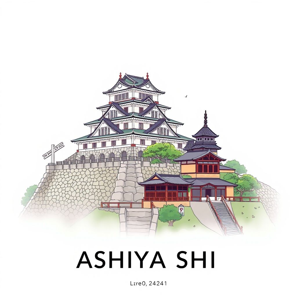 Ultra-high-definition gradient illustration style of Ashiya Shi, Hyogo, Japan, featuring Ashiya Castle Ruins and the Ashiya City Museum of Art & History.