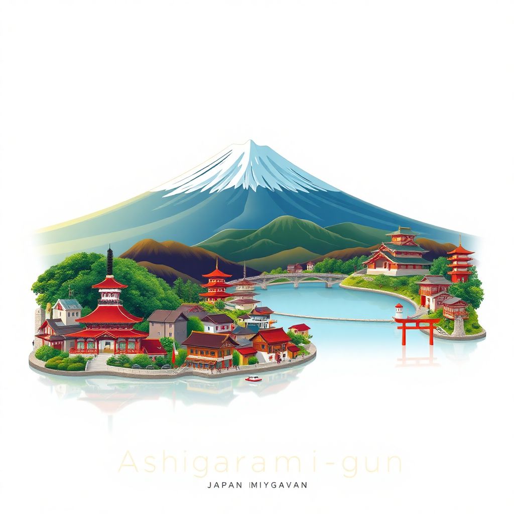 Ultra-high-definition gradient illustration style of Ashigarakami-gun, featuring the stunning views from Mount Oyama and the serene beauty of Lake Miyagase.