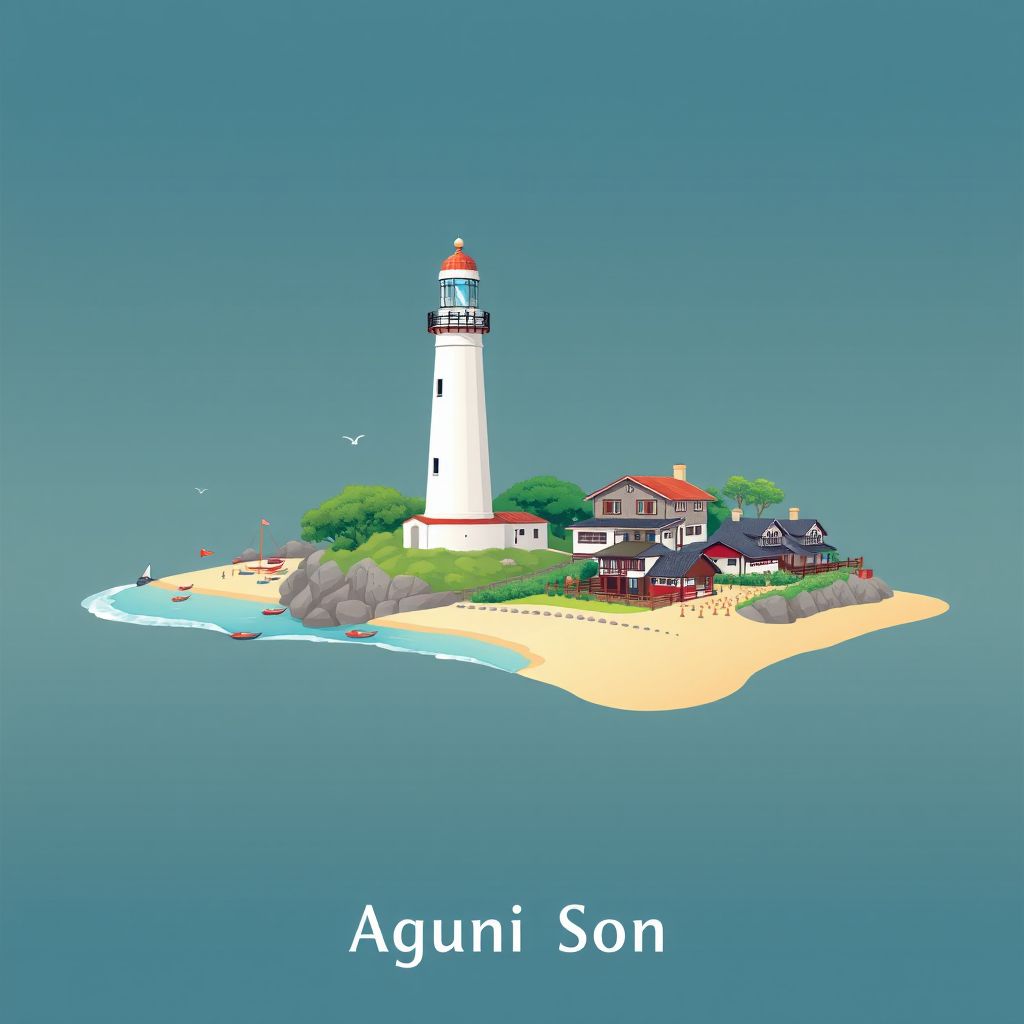 Ultra-high-definition gradient illustration style Aguni Son illustration, showing the unique charm of the Aguni Lighthouse, beautiful beaches, and traditional Okinawan houses.
