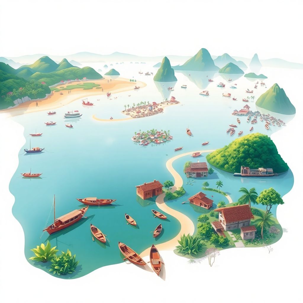 Ultra-high-definition gradient illustration of Huyen Duyen Hai, Tra Vinh Province, Vietnam, featuring the beautiful beaches of Duyen Hai and local fishing villages.