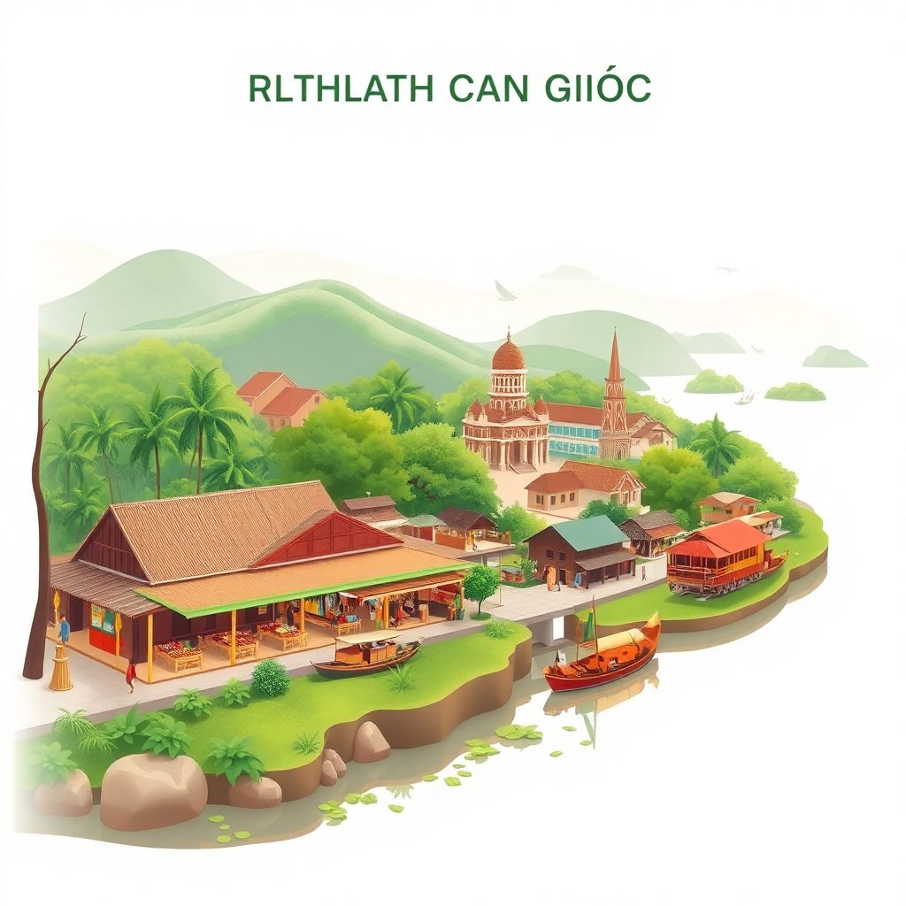 Ultra-high-definition gradient illustration style Huyen Can Giuoc illustration, showcasing the Can Giuoc Market and Mekong Delta landscapes.
