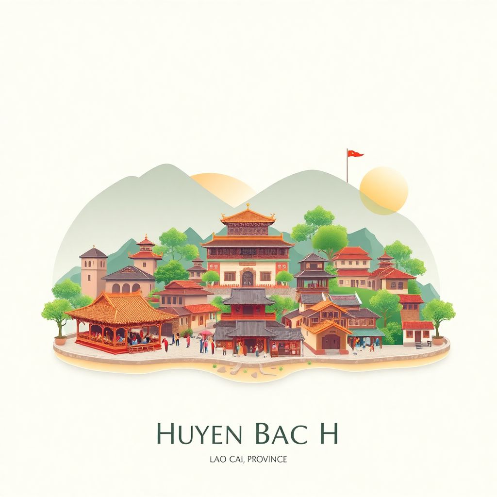 Ultra-high-definition gradient illustration of Huyen Bac Ha, featuring the Bac Ha Market, Hoang A Tuong Palace, and Ban Pho Village.