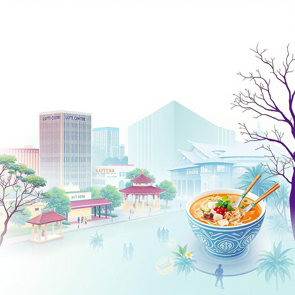 Ultra-high-definition gradient illustration of Quan Cau Giay, Hanoi, Vietnam, featuring the Lotte Center Hanoi, the Vietnam Museum of Ethnology, and Vietnamese pho.
