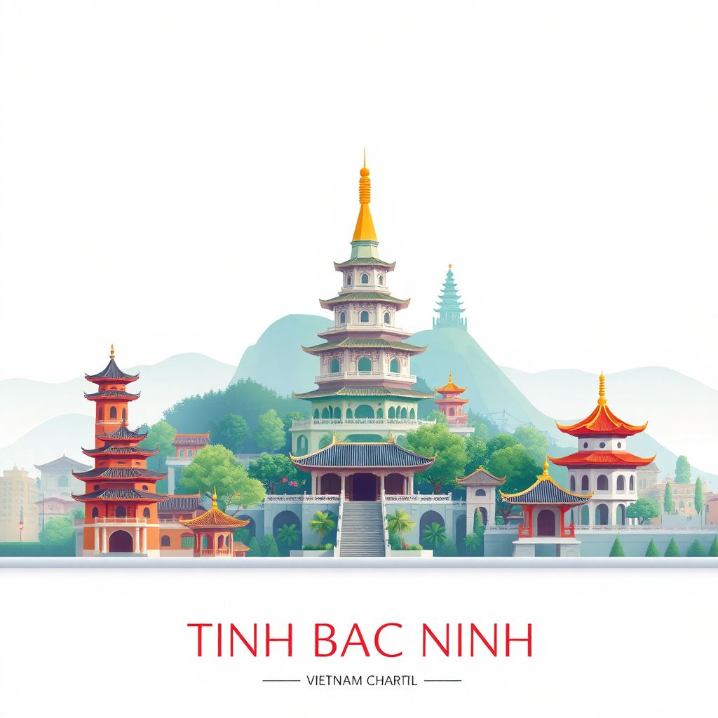 Ultra-high-definition gradient illustration style Tinh Bac Ninh illustration, showing the unique charm of the But Thap Pagoda, the Phat Tich Pagoda, and the Ly Bat De Temple.