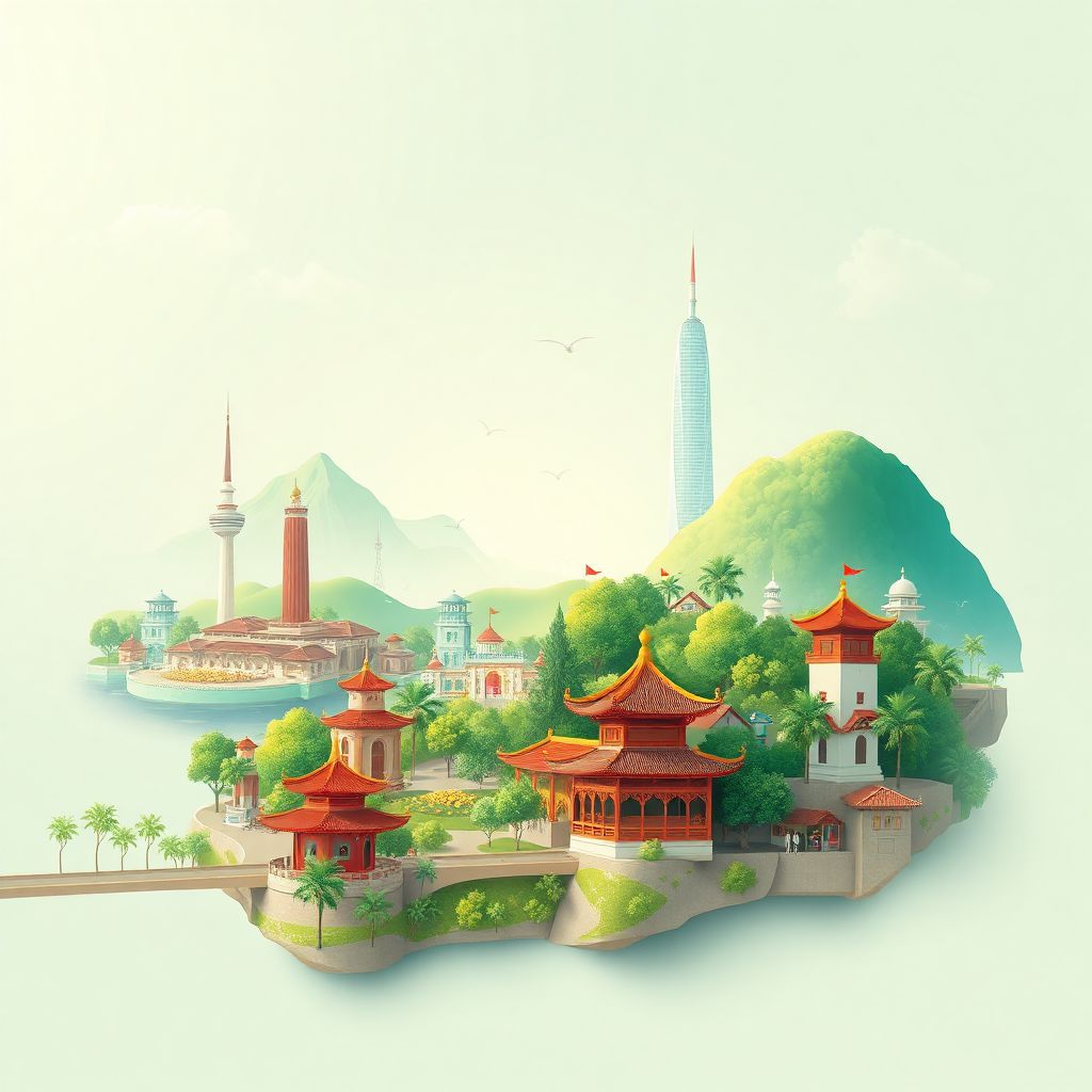 Ultra-high-definition gradient illustration of Binh Duong Province, Vietnam, featuring Dai Nam Tourist Park, Binh Duong New City, and traditional architecture.