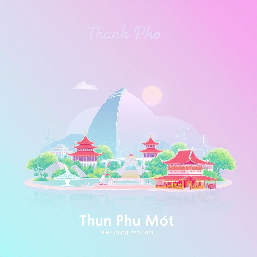 Ultra-high-definition gradient illustration style Thanh Pho Thu Dau Mot illustration, showing the unique charm of the Dai Nam Tourist Park and the Thu Dau Mot Market.