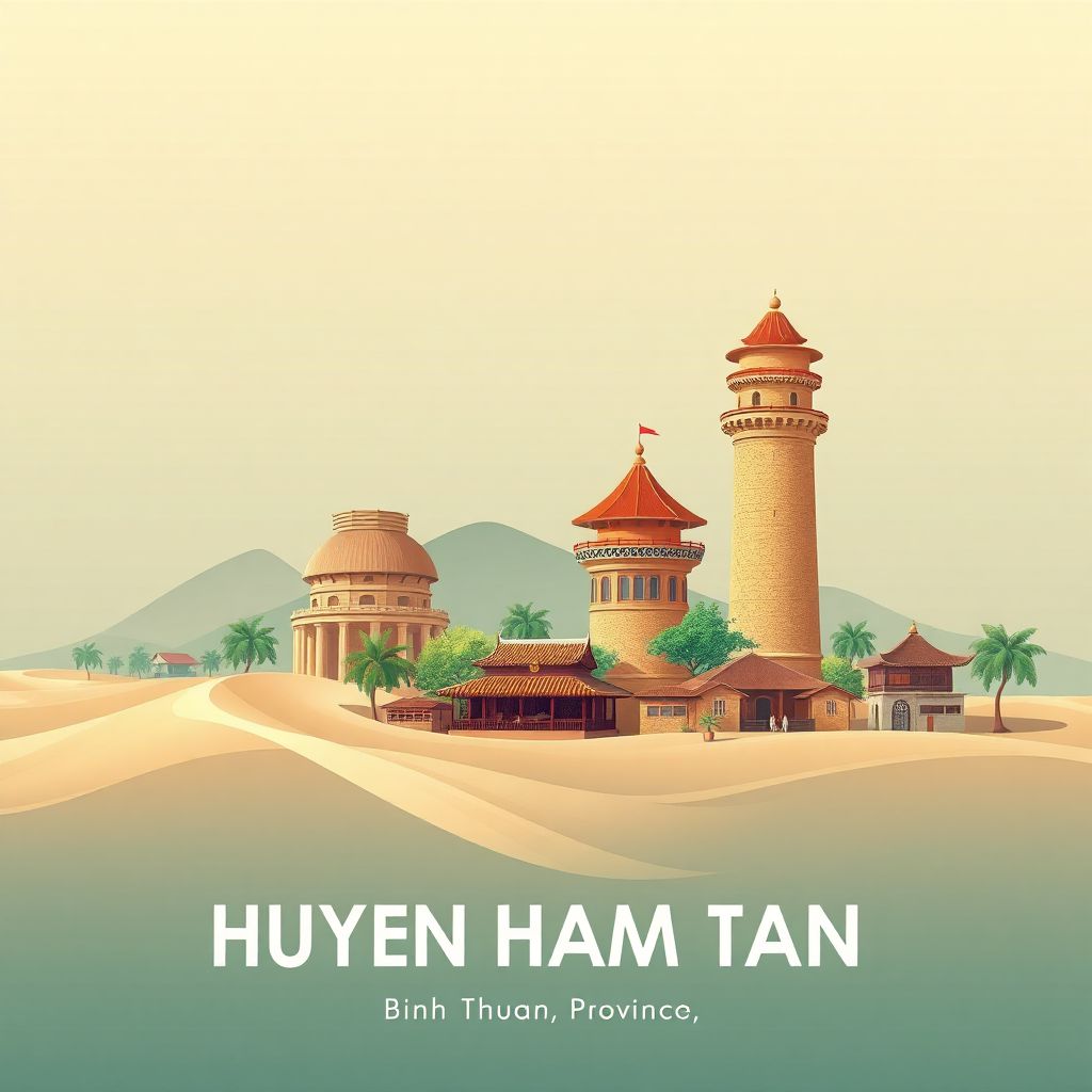 Ultra-high-definition gradient illustration style Huyen Ham Tan illustration, showing the unique charm of the Mui Ne Sand Dunes and the Po Sah Inu Towers.