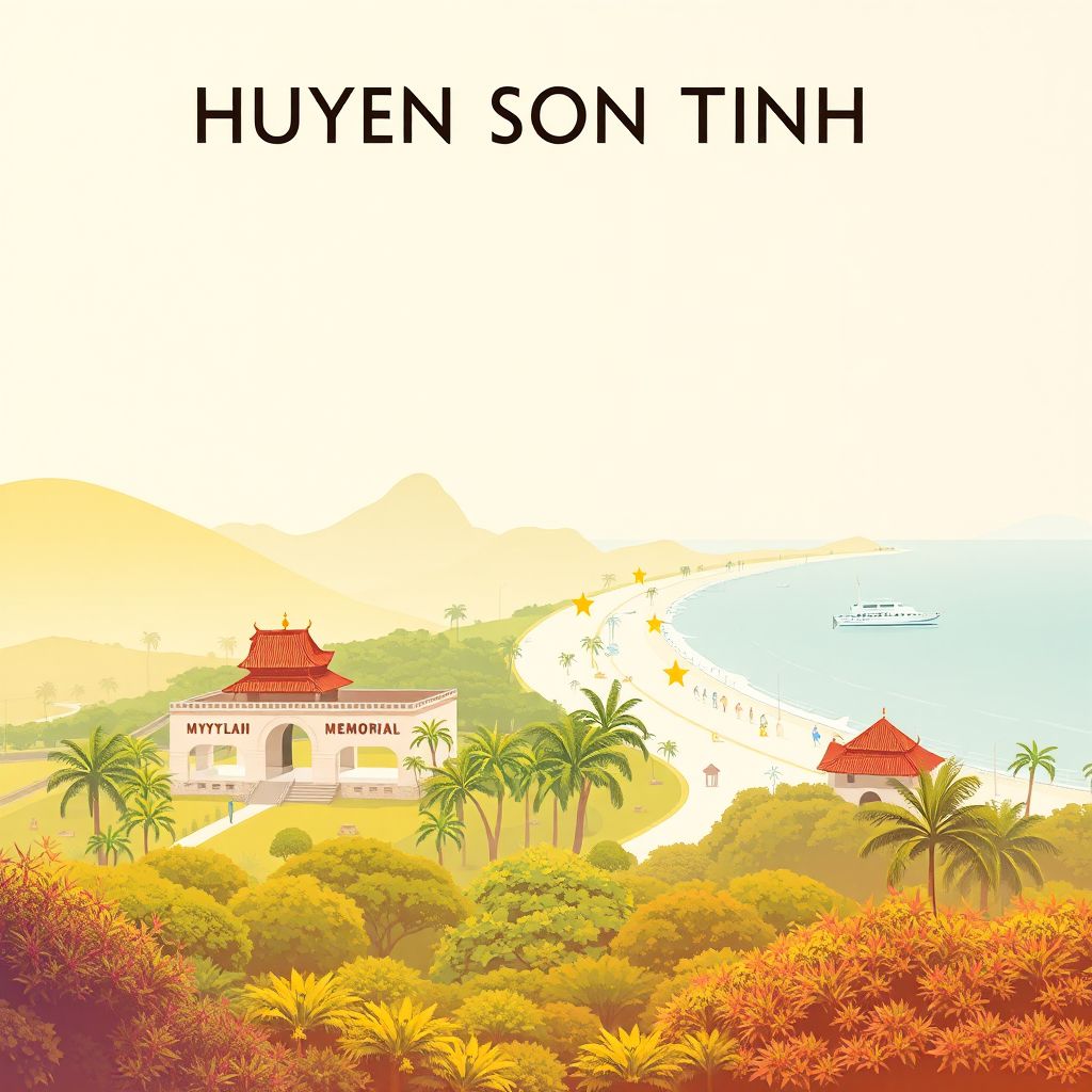 Ultra-high-definition gradient illustration style Huyen Son Tinh illustration, showing the unique charm of the My Lai Massacre Memorial and beautiful beaches.