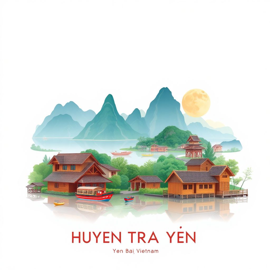 Ultra-high-definition gradient illustration style Huyen Tran Yen illustration, showing the unique charm of Thac Ba Lake, the Red River, and traditional stilt houses.