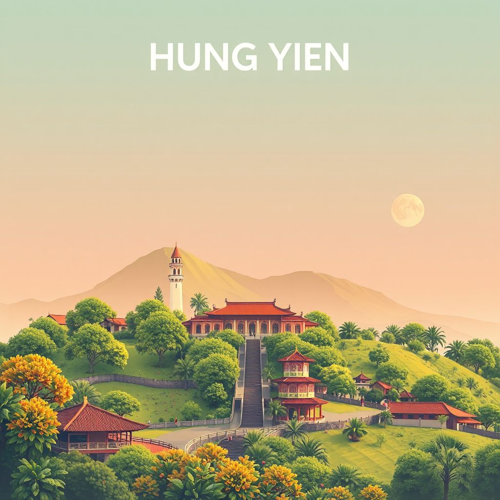 Ultra-high-definition gradient illustration of Hung Yen Province, Vietnam, featuring the Hung Yen Provincial Museum, countryside, traditional festivals, and longan fruit.