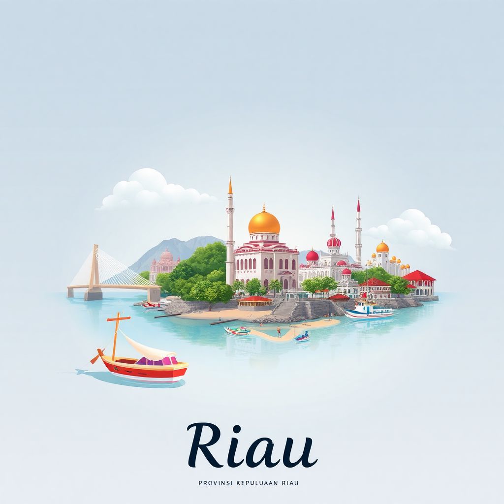 Ultra-high-definition gradient illustration style Riau Islands illustration, featuring the Barelang Bridge, the Sultan Lingga Mosque, and beautiful beaches of Bintan Island.